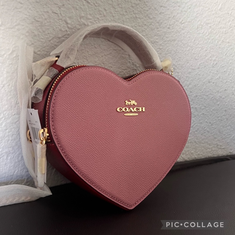 NWT COACH HEART CROSSBODY IN COLORBLOCK LEATHER TOP HANDLE GOLD/TRUE PINK - Picture 13 of 14
